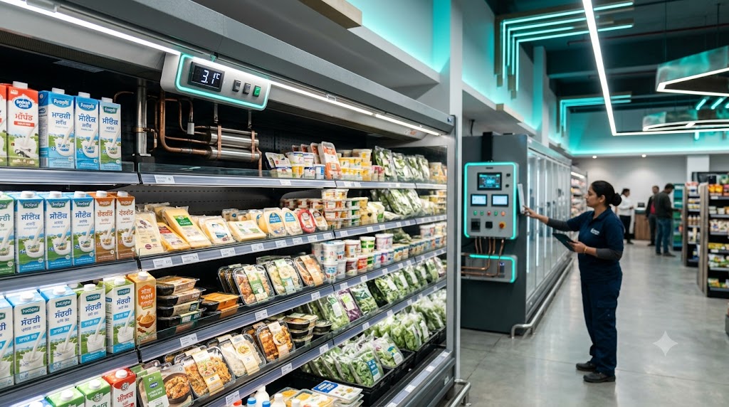 Supermarket refrigeration cases in a modern grocery store, illustrating cold-chain resilience.