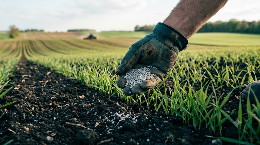Agricultural fertilizer granules beside young crop plants in cultivated soil.