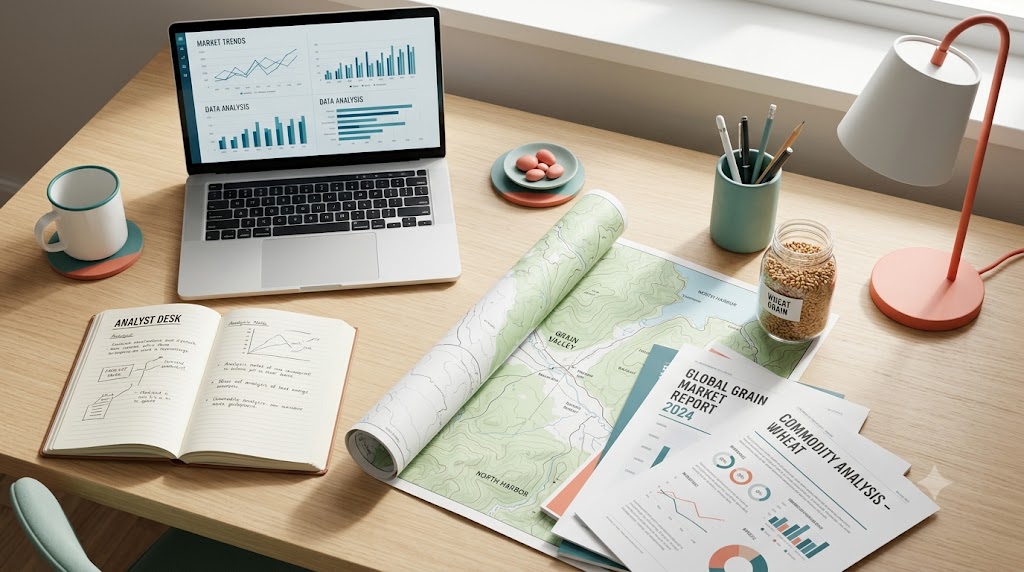 Analyst reviewing printed supply reports and agricultural market data at a desk.