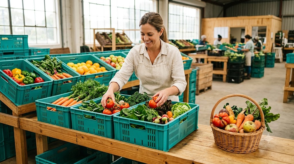 Fresh produce crates beside carefully sorted vegetables, representing food loss prevention and waste reduction.