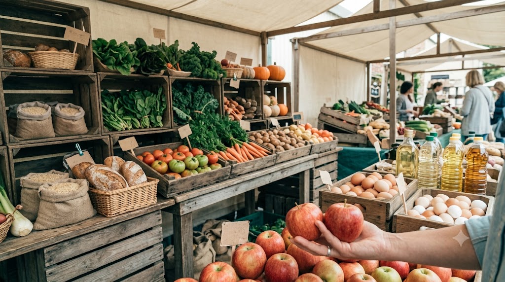 Grocery produce and staple foods displayed at a market, representing food prices and household purchasing power.