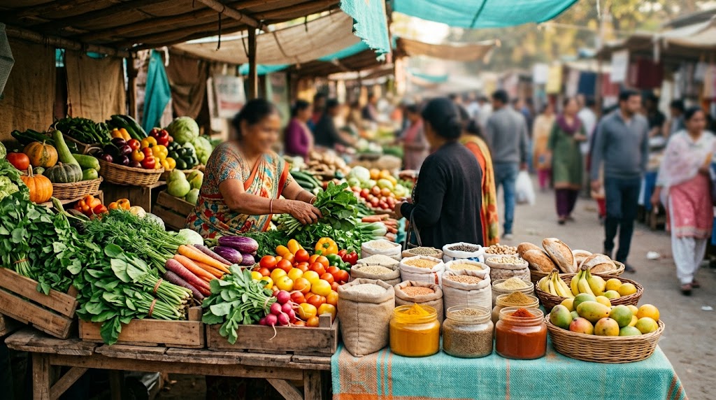 A well-stocked produce market with shoppers and varied nutritious foods.