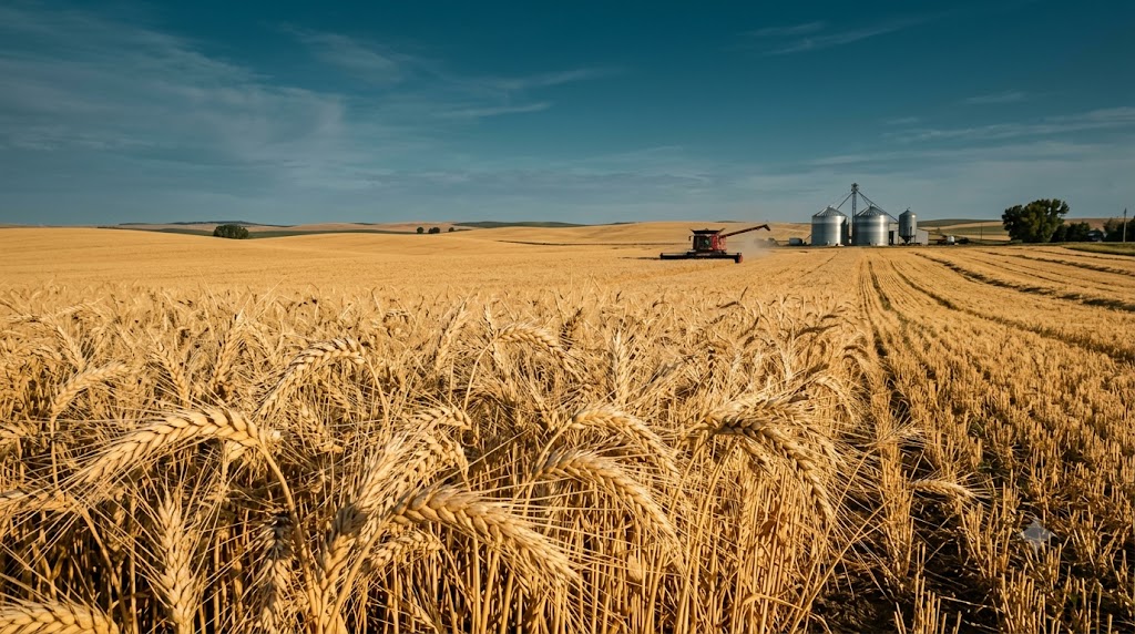 Golden cereal field with harvested grain and grain-storage silos in the distance.