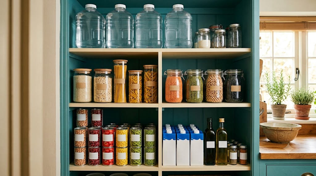 Organised household pantry with shelf-stable staples, canned food, water and rotated supplies.