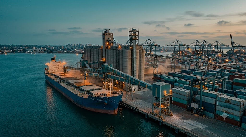 Cargo ship carrying containers near a grain-export terminal.