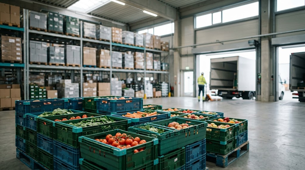 Produce crates moving through a modern food distribution warehouse.