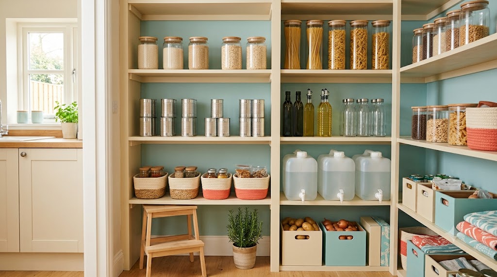 Sensibly stocked kitchen shelves with everyday pantry staples arranged for calm household preparedness.