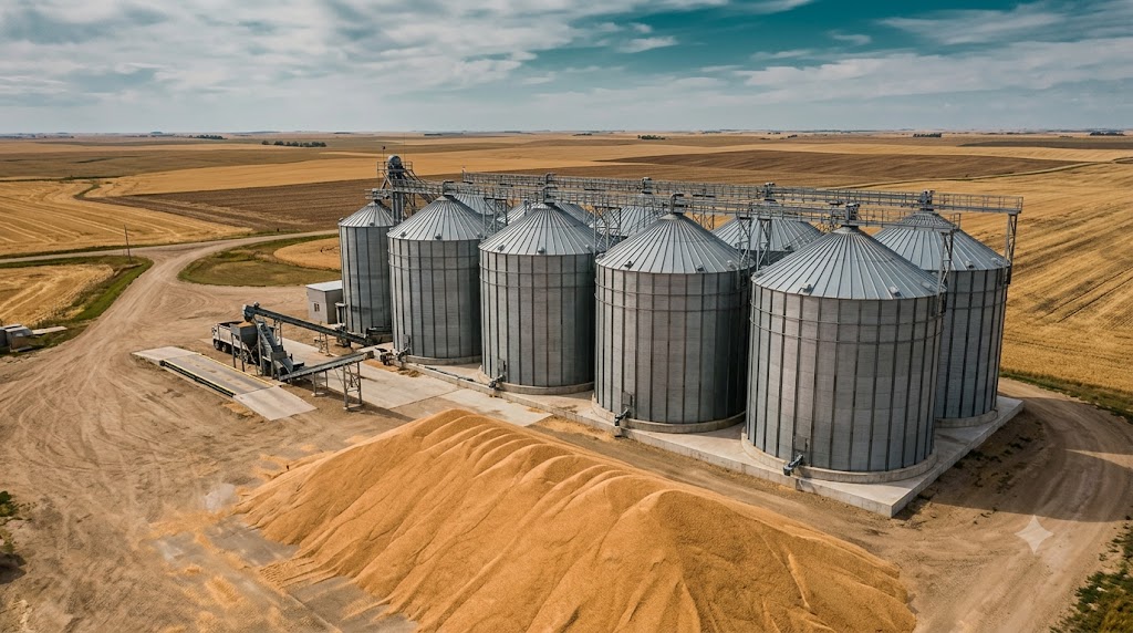 Large grain-storage silos beside a harvested field, illustrating grain stocks and reserves.